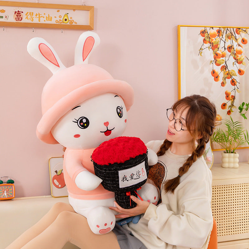 Adorable Bunny Plush with Red Rose Bouquet