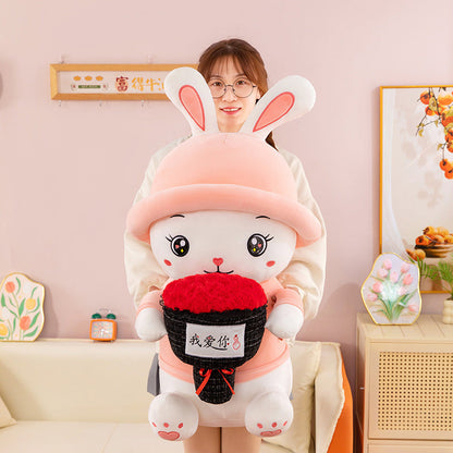 Adorable Bunny Plush with Red Rose Bouquet