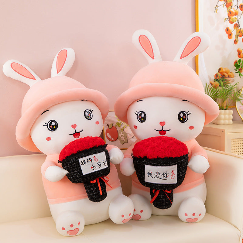 Adorable Bunny Plush with Red Rose Bouquet