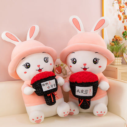 Adorable Bunny Plush with Red Rose Bouquet